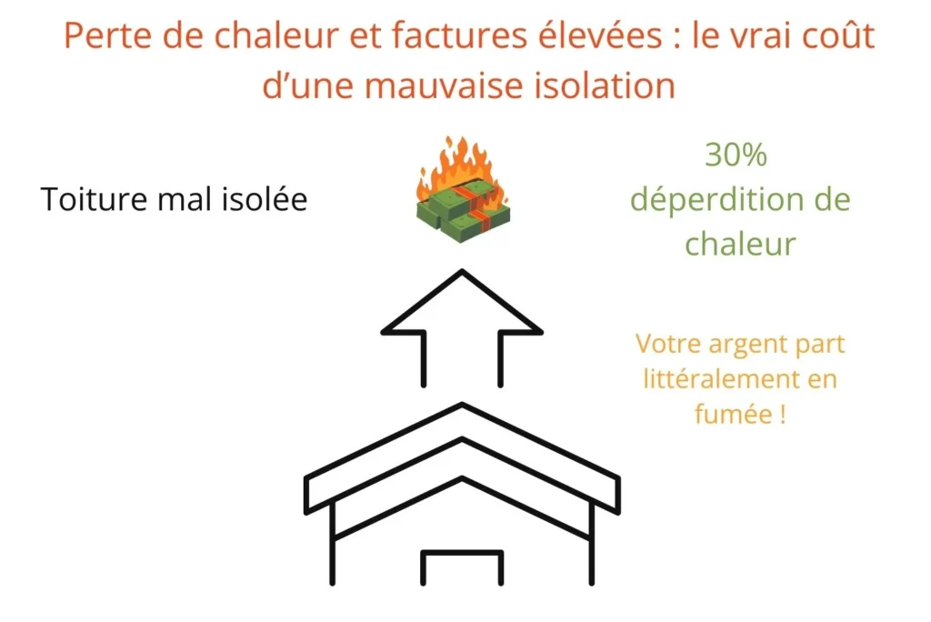 Toiture mal isolée, déperdition de chaleur, factures de chauffage, mauvaise isolation de la toiture.
