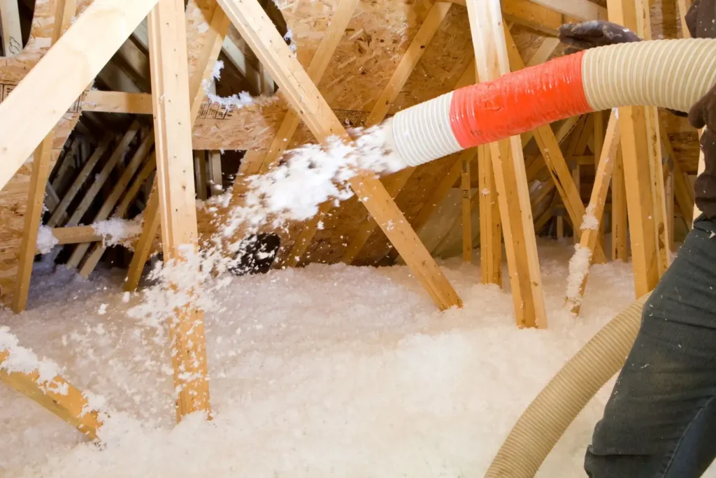 Soufflage de laine isolante pour l'isolation toiture par l'intérieur des combles perdus.
